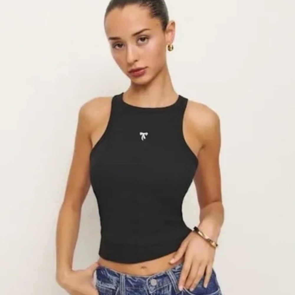 Reformation Black Ribbed Tank with Tiny Bow Accent